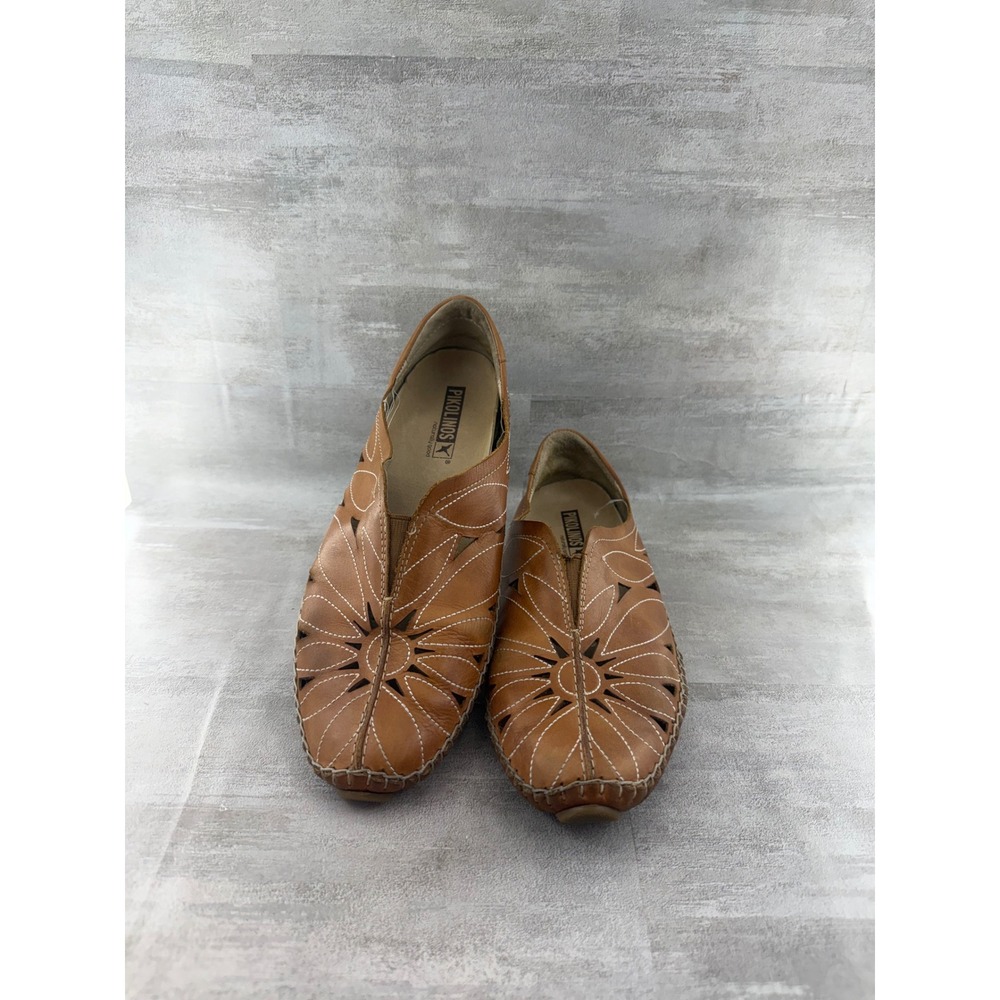 Pikolinos Women Tan Leather Floral Laser Cut Whipstitch Loafers Size 38